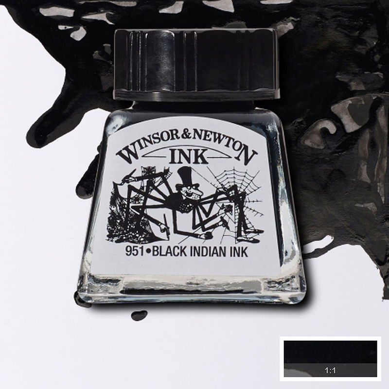 Winsor & Newton Black Indian Ink 14 ml på målat papper