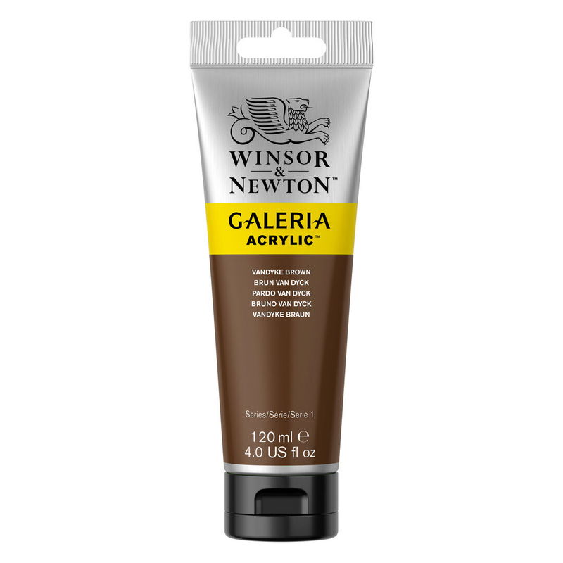 Winsor & Newton Galeria Akrylfärg, 120 ml tub mot färgad bakgrund. Vandyke Brown