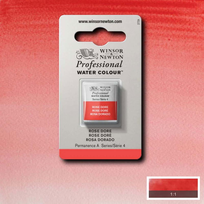 Winsor & Newton Professional Water Colour Rose Dore i halvkopp som visas mot målad bakgrund i samma färg.