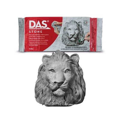 DAS Stone, lufttorkande lera som efterliknar sten. Förpackning och inspirationsbild av ett skulpterat lejonhuvud