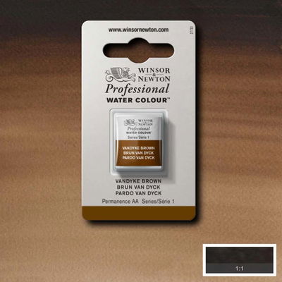 Winsor & Newton Professional Water Colour Vandyke Brown i halvkopp som visas mot målad bakgrund i samma färg.