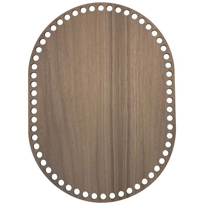 Oval korgbotten 22x30 cm i valnötsfanér, laserskuren träfiberskiva med 9 mm hål, frilagd mot vit bakgrund