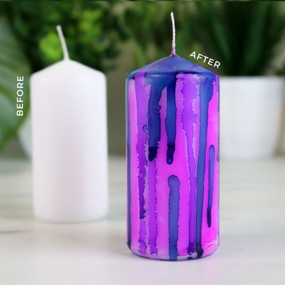 Före och efter ljusmarmorering - vitt ljus och färgat ljus med DIY Candle Marbling Kit