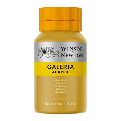 Winsor & Newton Galeria Akrylfärg, 500 ml flaska mot färgad bakgrund. Yellow Ochre