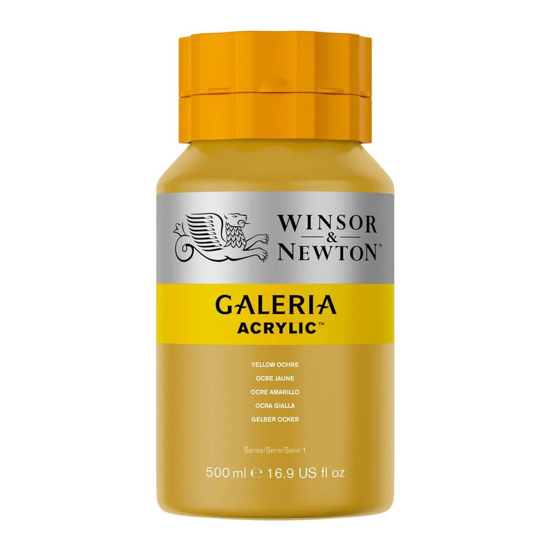 Winsor & Newton Galeria Akrylfärg, 500 ml flaska mot färgad bakgrund. Yellow Ochre