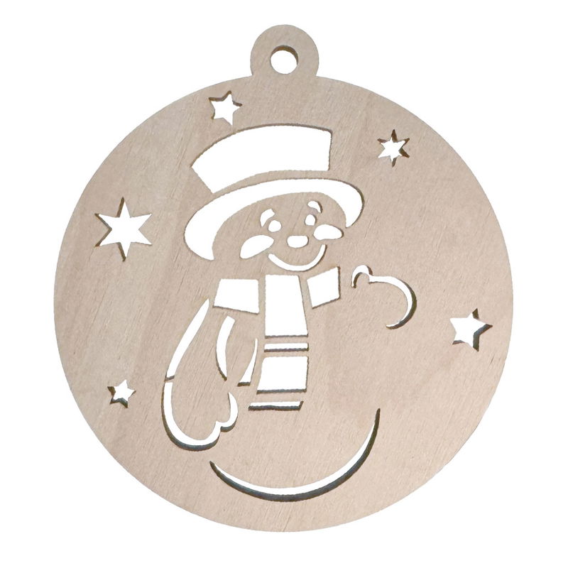 Julgranshänge Snögubbe i kula 8 cm Julgranshänge Snögubbe i kula av björkplywood 6 mm med utskurna stjärnor, trädekoration för julgran och pynt