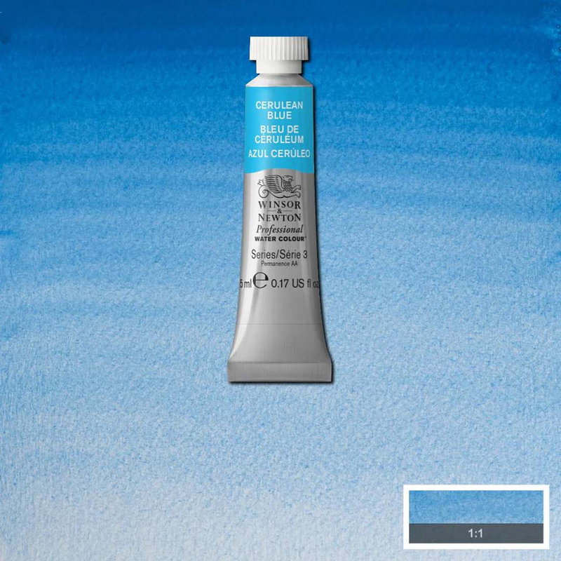 Winsor & Newton Professional Cerulean Blue 5 ml tub på blått färgprov