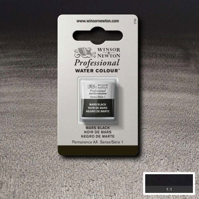Winsor & Newton Professional Water Colour Mars Black i halvkopp som visas mot målad bakgrund i samma färg.