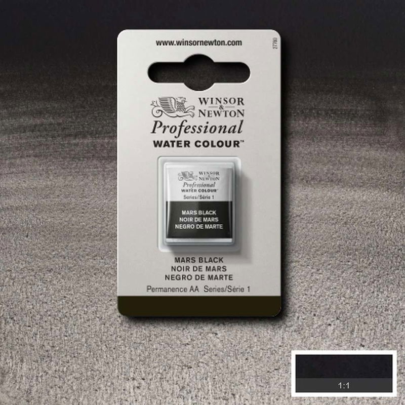 Winsor & Newton Professional Water Colour Mars Black i halvkopp som visas mot målad bakgrund i samma färg.