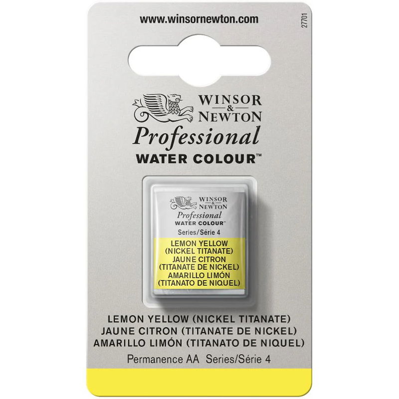 Förpackning med Winsor & Newton Professional akvarellfärg Lemon Yellow halvkopp