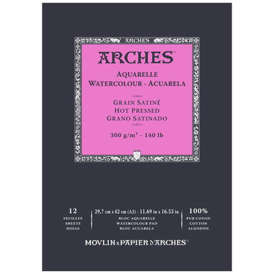 Hot pressed A3 Arches akvarellblock, Slät gräng, Hot pressed. A3