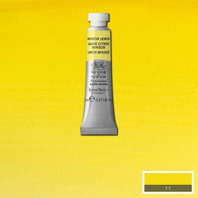 Winsor & Newton Professional Water Colour Winsor Lemon i 5 ml tub som visas mot målad bakgrund i samma färg.