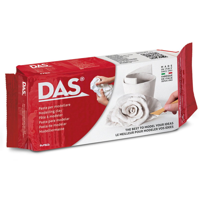 Förpackning med 1 kg DAS lufttorkande vit lera till skulpturer, reliefer och kreativa projekt.