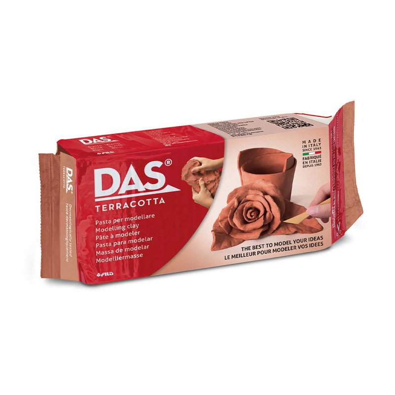 Förpackning med 1 kg DAS lufttorkande terracotta lera till skulpturer, reliefer och kreativa projekt.