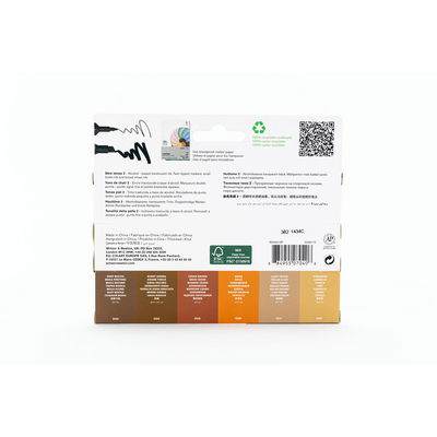 Baksida av Winsor & Newton Promarker Skin Tones 2 förpackning med färgprover och information