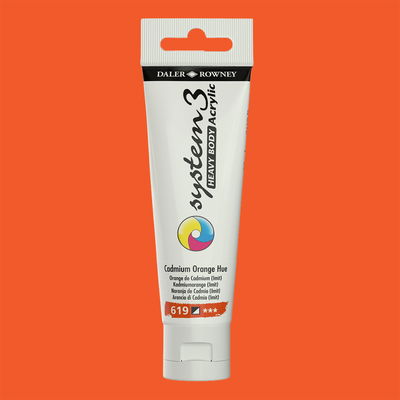 Akrylfärg i tub System3 Heavy Body Cadmium Orange Hue 619 med färgprov