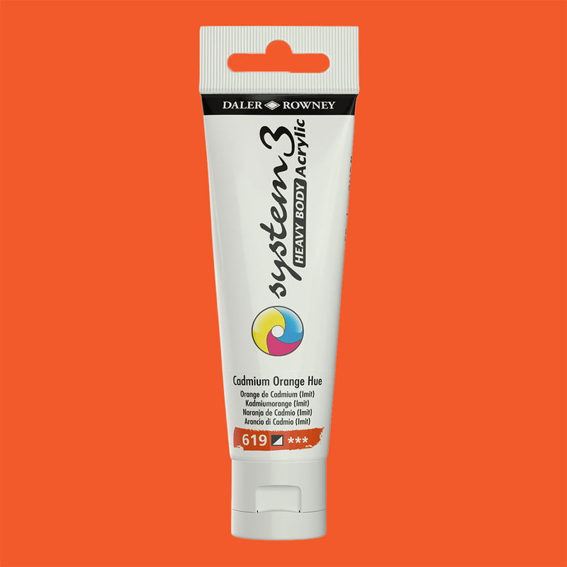 Akrylfärg i tub System3 Heavy Body Cadmium Orange Hue 619 med färgprov