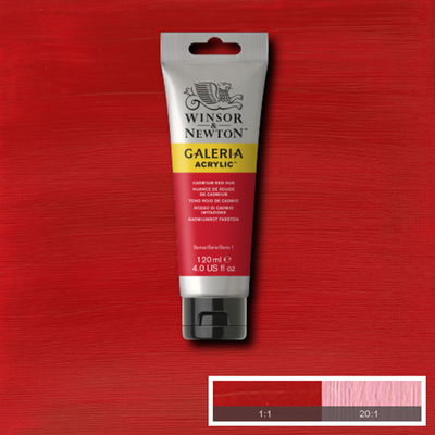 Winsor & Newton Galeria Akrylfärg, 120 ml tub mot färgad bakgrund. Cadmium Red Hue