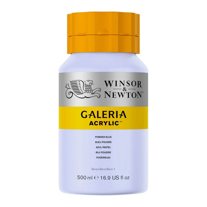 Winsor & Newton Galeria Akrylfärg, 500 ml flaska mot färgad bakgrund. Powder Blue