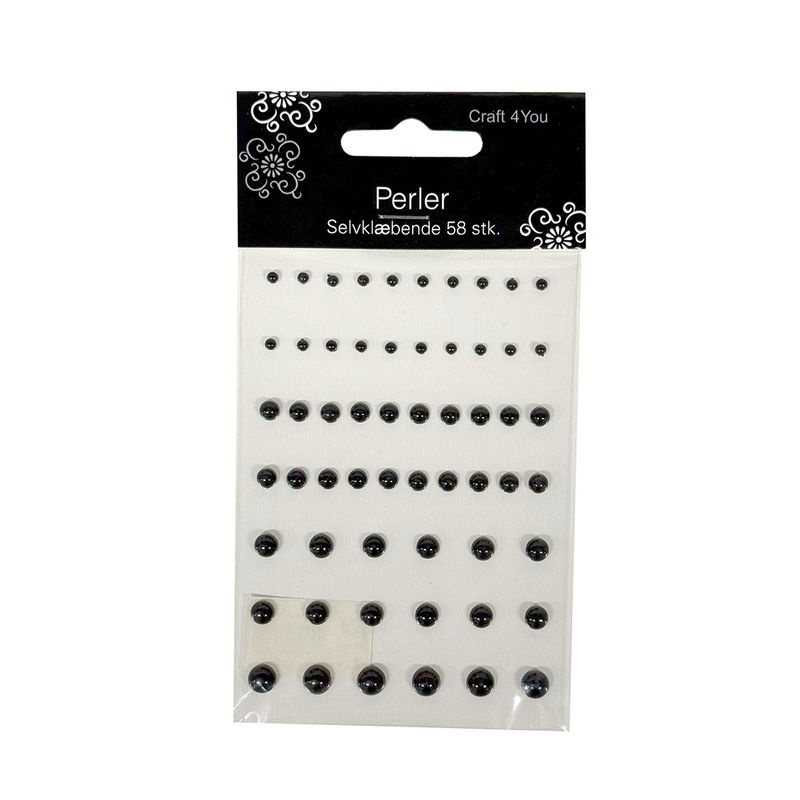 Svarta självhäftande pärlor med pärlemorskimmer. 58 st, 3-7 mm
