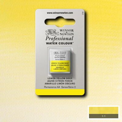 Winsor & Newton Professional Water Colour Lemon Yellow Deep i halvkopp som visas mot målad bakgrund i samma färg.