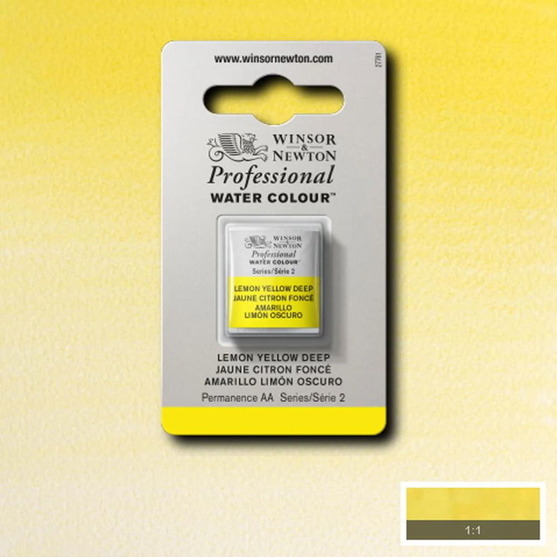 Winsor & Newton Professional Water Colour Lemon Yellow Deep i halvkopp som visas mot målad bakgrund i samma färg.