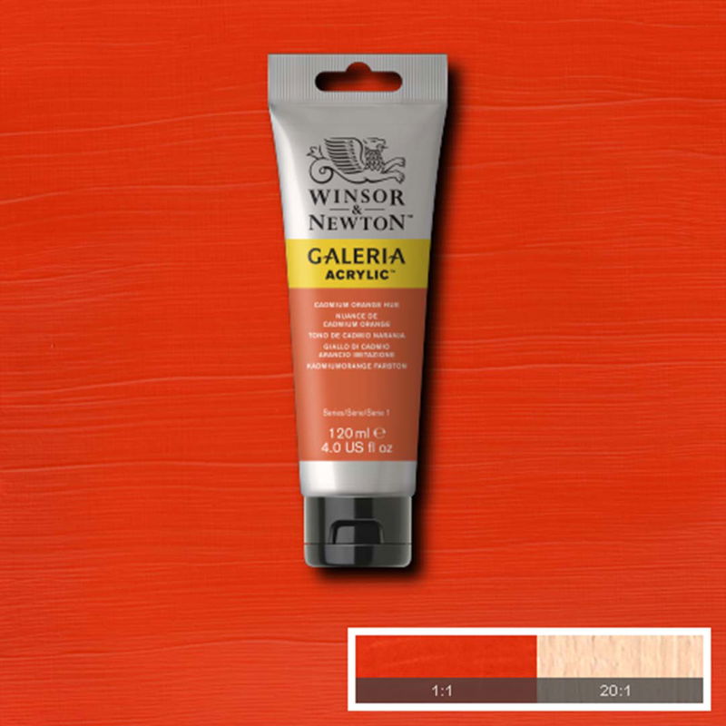 Winsor & Newton Galeria Akrylfärg, 120 ml tub mot färgad bakgrund. Cadmium Orange Hue