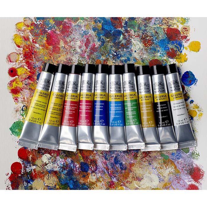 Winsor & Newton Galeria Acrylic 10x12 ml tuber på färgad palett