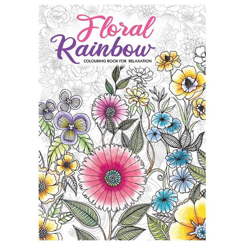 Målarbok Floral Rainbow framsida med färglagda blommor mot vit bakgrund