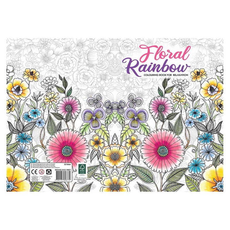 Floral Rainbow målarbok uppslag med blomstermotiv och produktmärkning