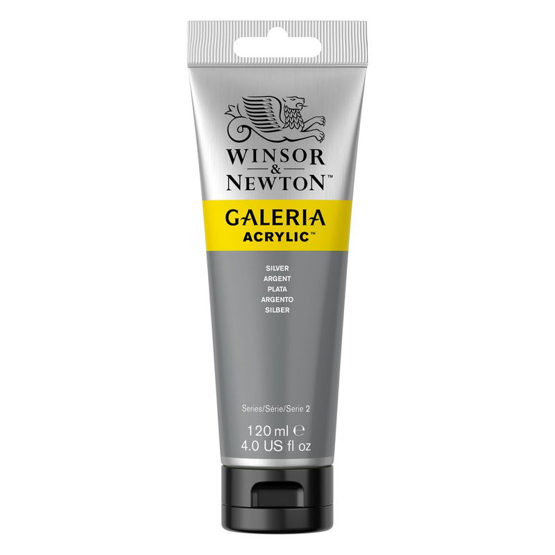Winsor & Newton Galeria Akrylfärg, 120 ml tub mot färgad bakgrund. Silver