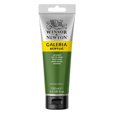 Winsor & Newton Galeria Akrylfärg, 120 ml tub mot färgad bakgrund. Sap Green