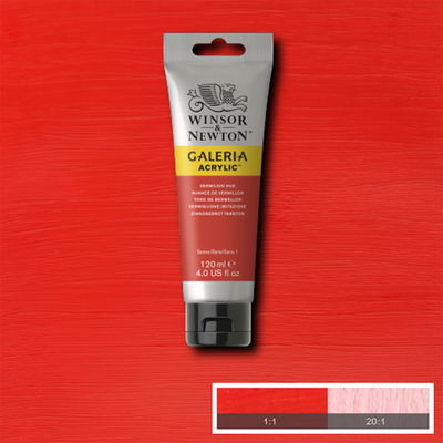 Winsor & Newton Galeria Akrylfärg, 120 ml tub mot färgad bakgrund. Vermilion Hue