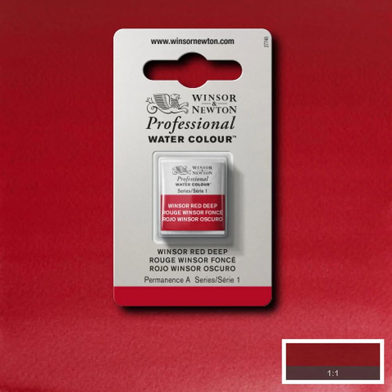 Winsor & Newton Professional Water Colour Winsor Red Deep i halvkopp som visas mot målad bakgrund i samma färg.