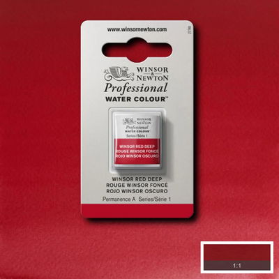 Färgprov och förpackning, Winsor Red Deep halvkopp Winsor & Newton Professional Water Colour Winsor Red Deep i halvkopp som visas mot målad bakgrund i samma färg.