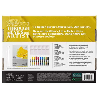 Baksida av Winsor & Newton Galeria Acrylic Essentials med produktinformation, innehållslista och streckkod.