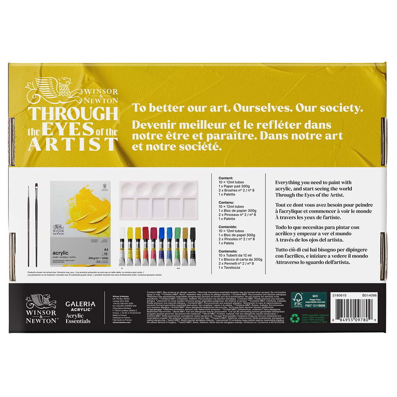 Baksida av Winsor & Newton Galeria Acrylic Essentials med produktinformation, innehållslista och streckkod.