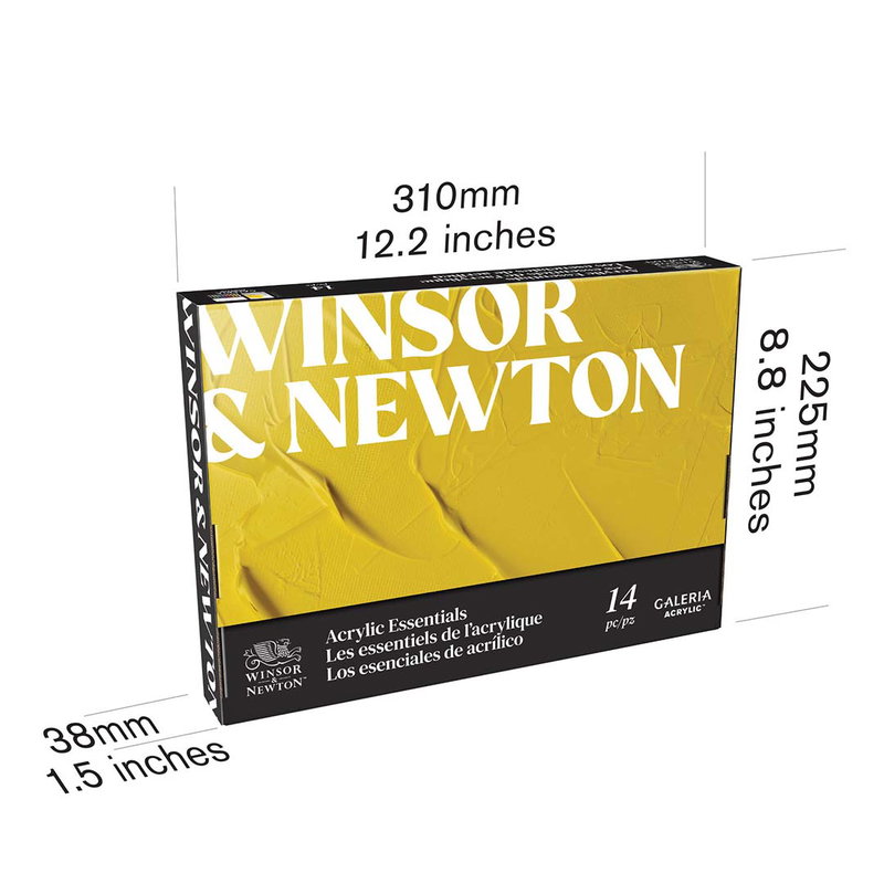 Förpackning till Winsor & Newton Galeria Acrylic Essentials med måtten 310 x 225 x 38 mm.