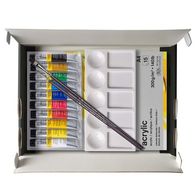 Öppnad förpackning med Winsor & Newton Galeria Acrylic Essentials