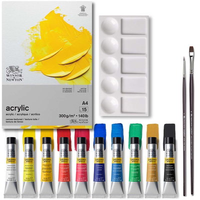 Winsor & Newton Galeria Acrylic Essentials set med akrylfärger, A4 akrylpapper, palett och två penslar.