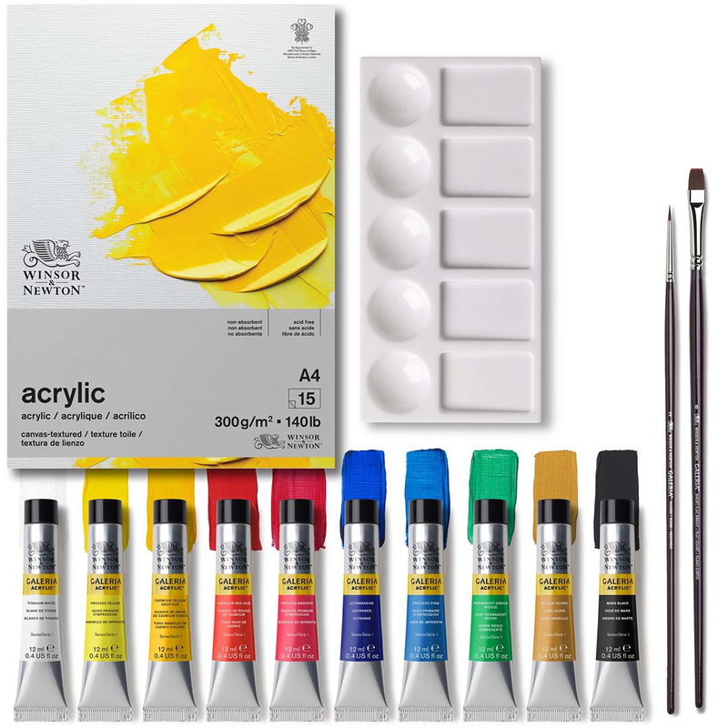 Winsor & Newton Galeria Acrylic Essentials set med akrylfärger, A4 akrylpapper, palett och två penslar.