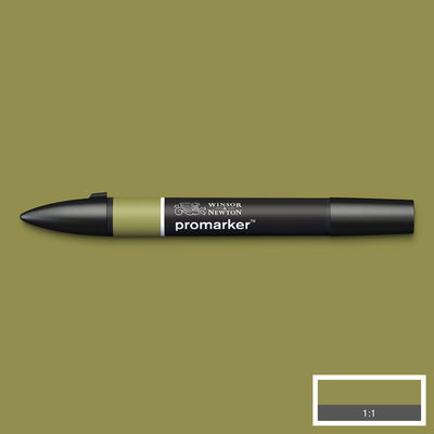 Winsor & Newton Promarker Olive Green Y724 marker med färgprov och bakgrund i samma ton