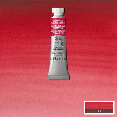 Winsor & Newton Professional Water Colour Permanent Alizarin Crimson i 5 ml tub som visas mot målad bakgrund i samma färg.