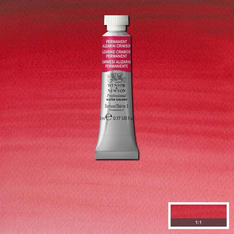 Winsor & Newton Professional Water Colour Permanent Alizarin Crimson i 5 ml tub som visas mot målad bakgrund i samma färg.