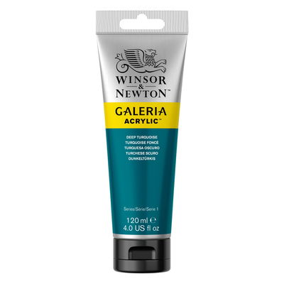 Winsor & Newton Galeria Akrylfärg, 120 ml tub mot färgad bakgrund. Deep Turquoise