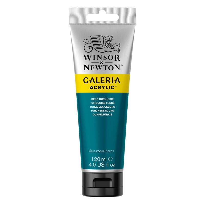 Winsor & Newton Galeria Akrylfärg, 120 ml tub mot färgad bakgrund. Deep Turquoise
