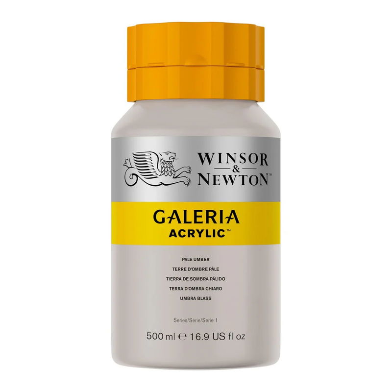Winsor & Newton Galeria Akrylfärg, 500 ml flaska mot färgad bakgrund. Pale Umber
