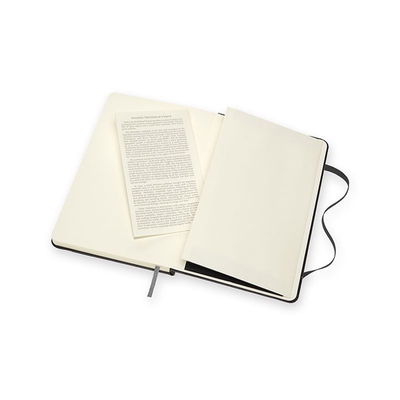 Öppet skissblock med Moleskins historia nedskriven på en medföljande lapp