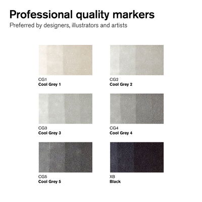 Winsor & Newton Promarker Neutral Tones färgprov Cool Grey 1 till Cool Grey 5 samt Black