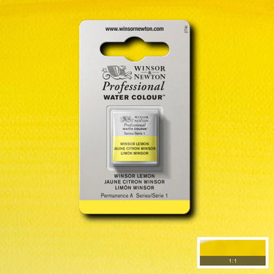 Winsor & Newton Professional Water Colour Winsor Lemon i halvkopp som visas mot målad bakgrund i samma färg.